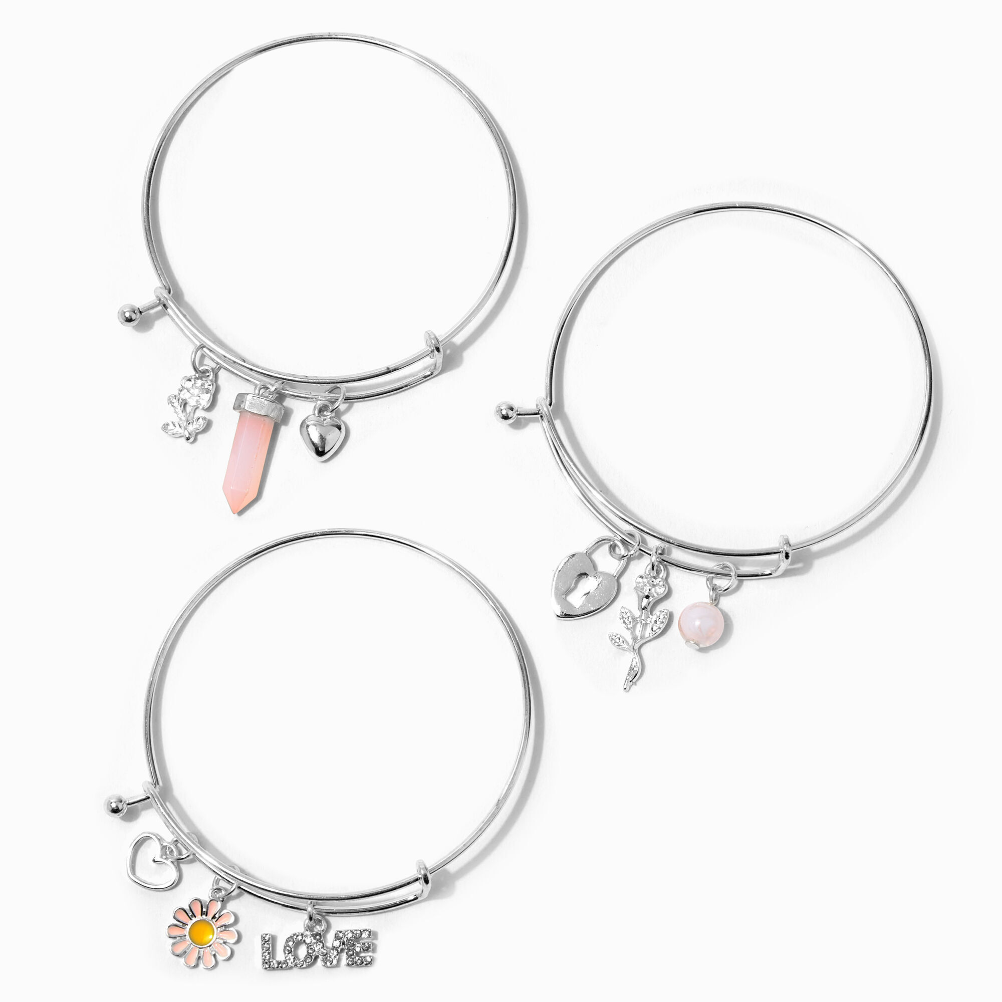 Silver Love Charms Adjustable Bangle Bracelets - 3 Pack