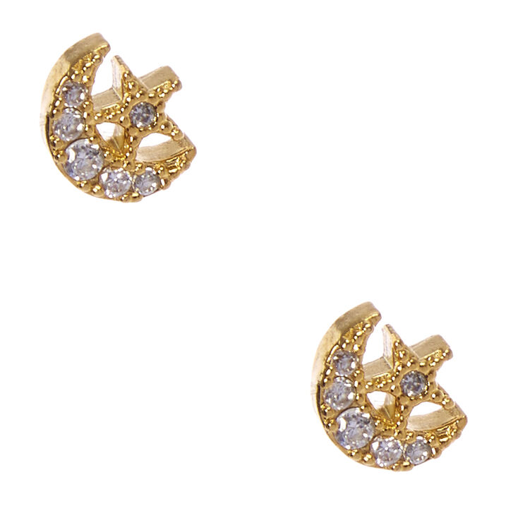 Gold Plated Cubic Zirconia Crystal Moon And Star Earrings,