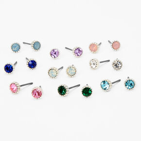 Pastel Rainbow Crystal Mixed Stud Earrings - 9 Pack,