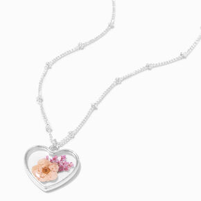 Silver Pressed Flower Heart Pendant Necklace,