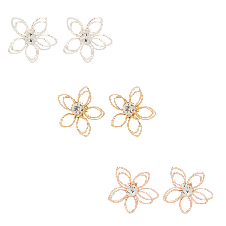 Mixed Metal Wired Flower Stud Earrings - 3 Pack,