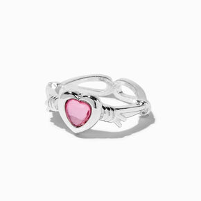 Pink Heart Silver-tone Barbed Wire Ring,