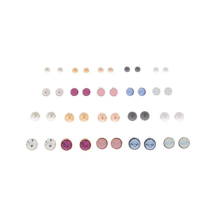 Mixed Metal Crystal & Ball Stud Earrings - 20 Pack,