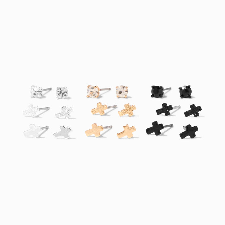 Mixed Metal Cross Stud Earrings - 9 Pack,