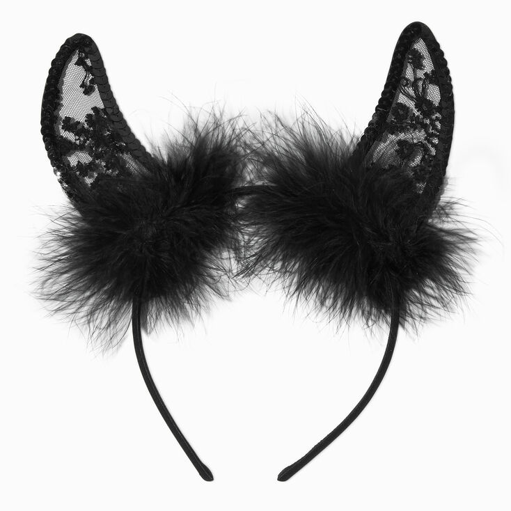 Black Devil Horns Feather &amp; Lace Headband,