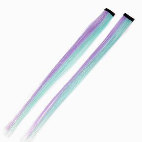 Purple &amp; Mint Striped Tinsel Faux Hair Clip In Extensions - 2 Pack,