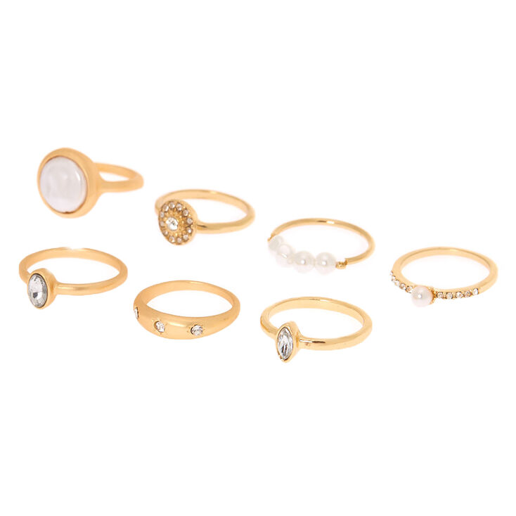 Brushed Gold Pearl Rings - 7 Pack,