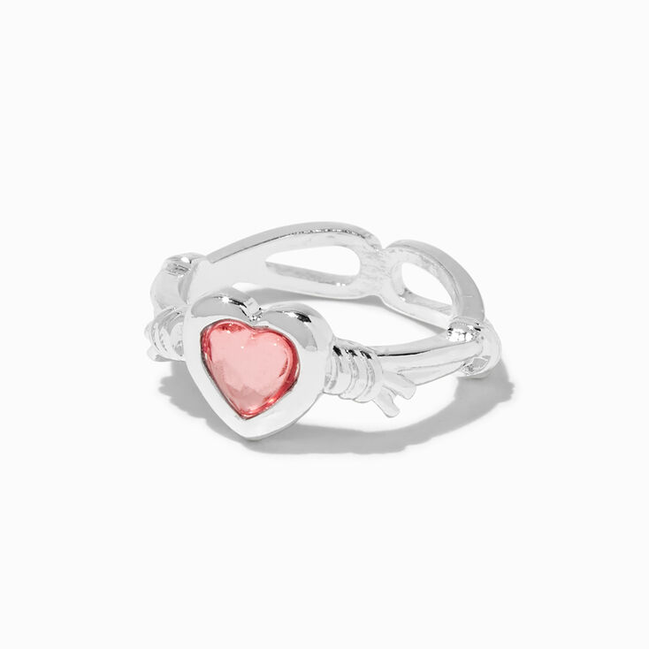 Pink Heart Silver-tone Barbed Wire Ring,