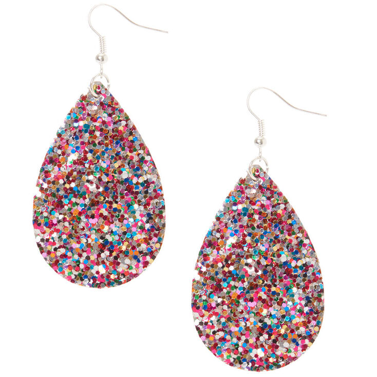 Silver 2" Rainbow Glitter Teardrop Drop Earrings,