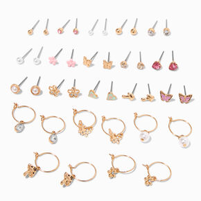 Pastel Studs &amp; Gold Charm Hoop Earrings - 20 Pack,