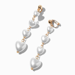 Gold-tone Puffy Heart Pearl Linear Clip-On Earrings,