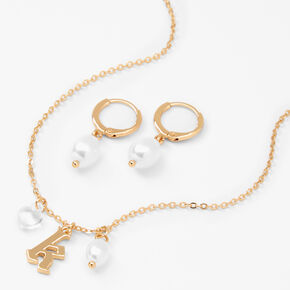 Gold Pearl &amp; Initial Necklace &amp; Earrings Set - K,