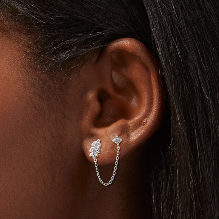 ICING Select Sterling Silver Cubic Zirconia Leaf Connector Chain Stud Earrings,