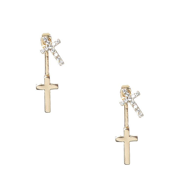 Gold Tone Double Cross Front & Back Earrings,