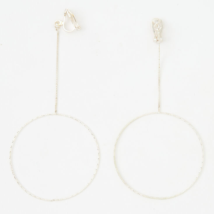 Silver 3.5&quot; Textured Hoop Clip On Drop Earrings,