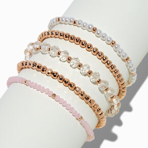 Rose Gold-tone Pearl Pink Mixed Beaded Stretch Bracelets - 5 Pack,