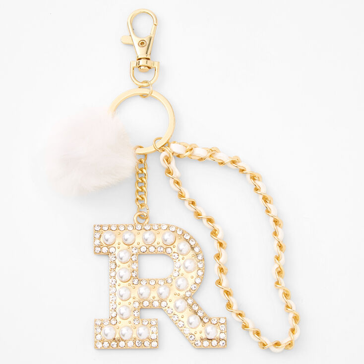 Gold Bling Initial Pom Pom Keychain - White, R,