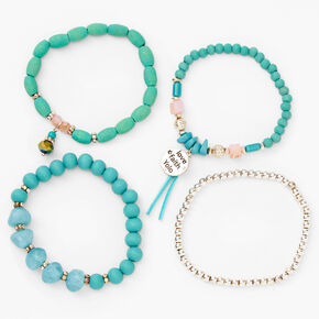 Love, Faith, YOLO Beaded Stretch Bracelets - Blue, 4 Pack,