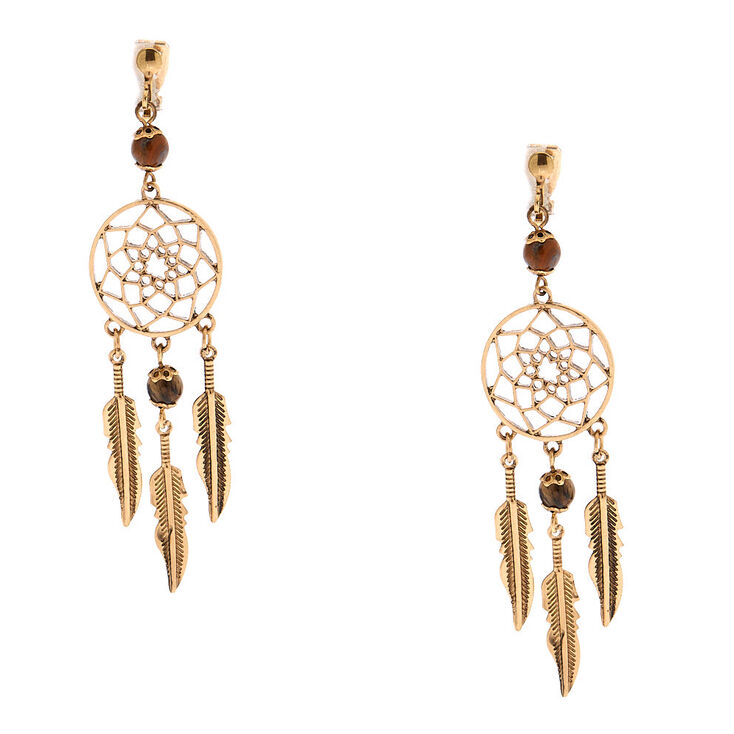 Gold 3" Beaded Dreamcatcher Clip On Drop Earrings - Brown,