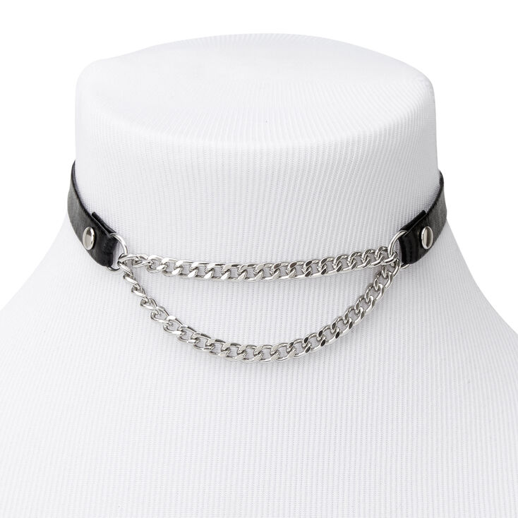 Silver Biker Chain Choker Necklace - Black,