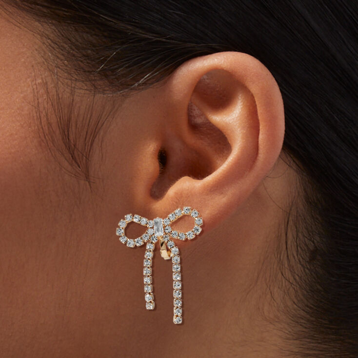 Gold-tone Rhinestone Bow 1&quot; Clip-On Drop Earrings,