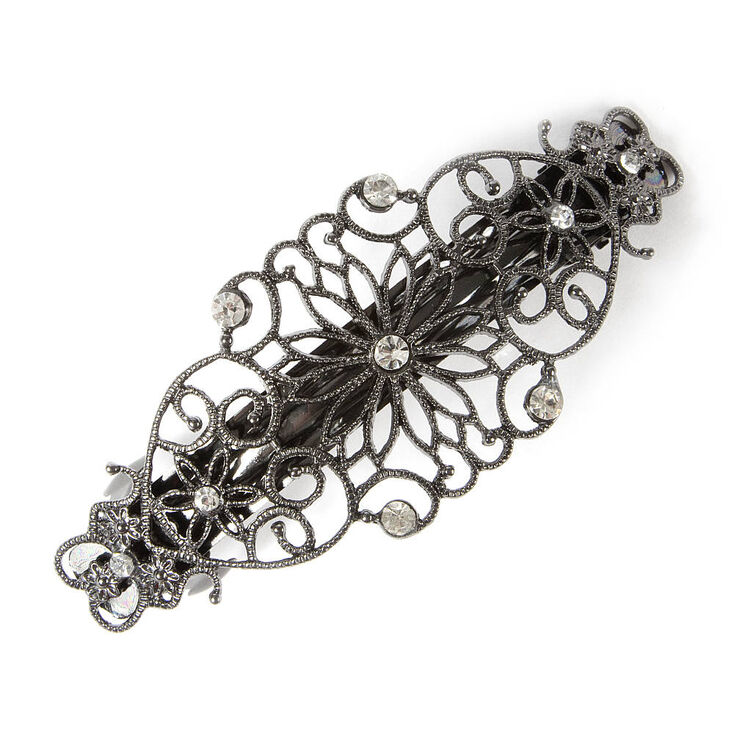 Hematite Flowers & Hearts Filigree Barrette with Rhinestone Accents,