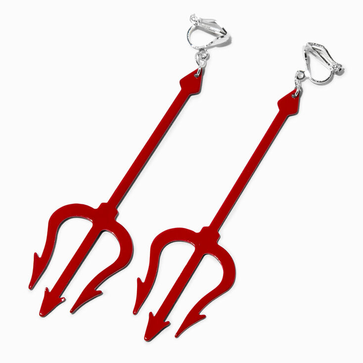 Red Devil Pitchfork 3&quot; Clip-On Drop Earrings ,