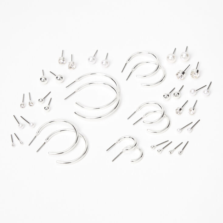 Silver Graduated Mixed Stud Earrings - 20 Pack,