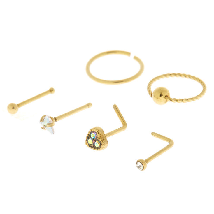Gold 20G Mixed Twist Nose Studs & Rings - 6 Pack,