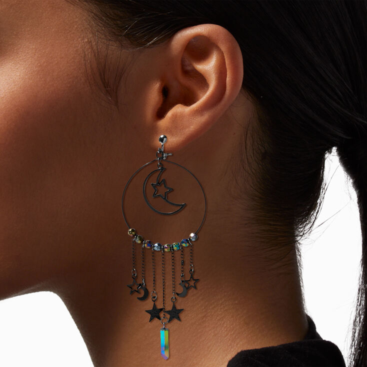 Crescent Moon Chain Fringe 4&quot; Clip-On Drop Earrings,