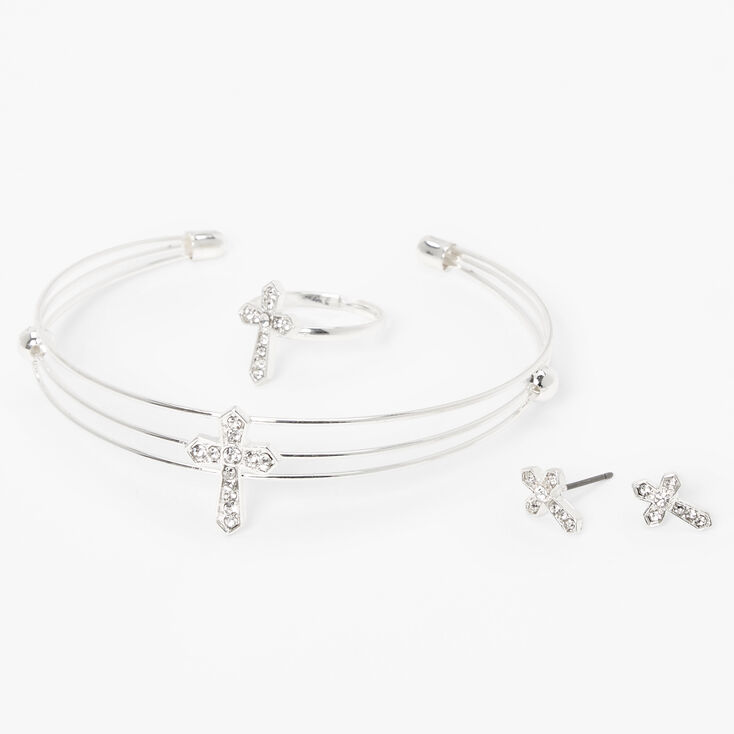 Silver Embellished Cross Bracelet Jewelry Set - 3 Pack,