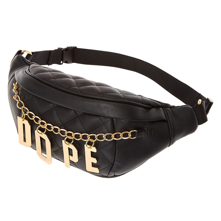 Black Faux Leather Quilted Fanny Pack with Gold-Tone DOPE Chain | Icing US