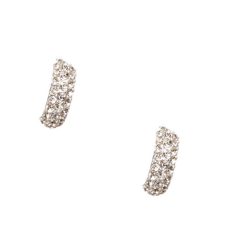 Crystal Studded Silver Tone Half Hoop Earrings,