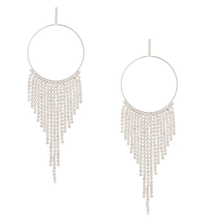 Silver Rhinestone 4.5" Fringe Drop Earrings,