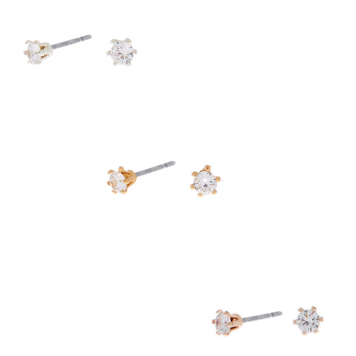 Mixed Metal Cubic Zirconia 3MM Round Stud Earrings - 3 Pack,