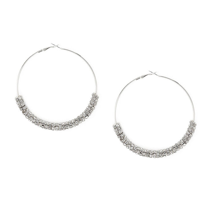 80MM Silver & Crystal Eternity Ring Hoop Earrings,