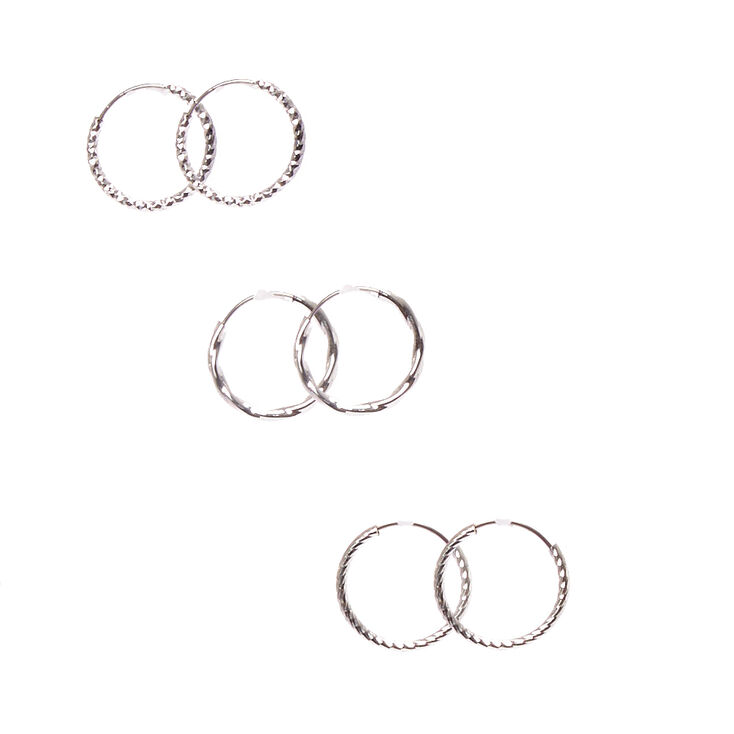 Mini Textured Silver Hoop Earrings -  3 Pack,