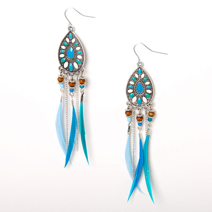 Silver 4" Boho Feather Drop Earrings - Blue,