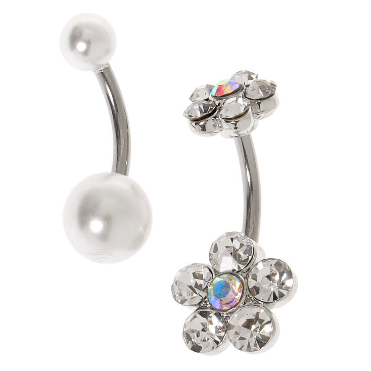Silver 14G Crystal Flower & Pearl Belly Rings - 2 Pack,