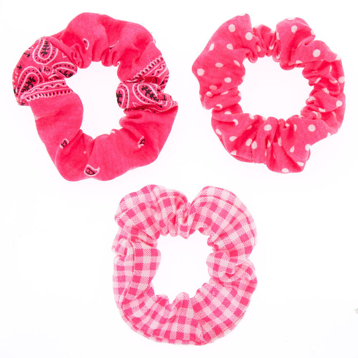 Small Pretty Pattern Hair Scrunchies - Neon Pink, 3 Pack,