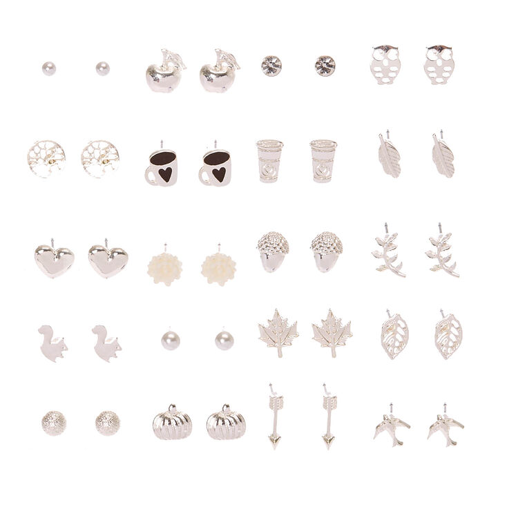 Silver Tone Autumn Motif Stud Earrings Set of 20,