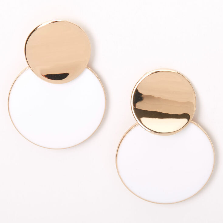 Gold 1.5" Double Circle Drop Earrings - White,