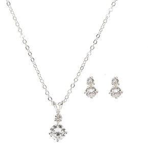 Silver Cubic Zirconia Diamond Drop Pendant Necklace &amp; Earrings Set,