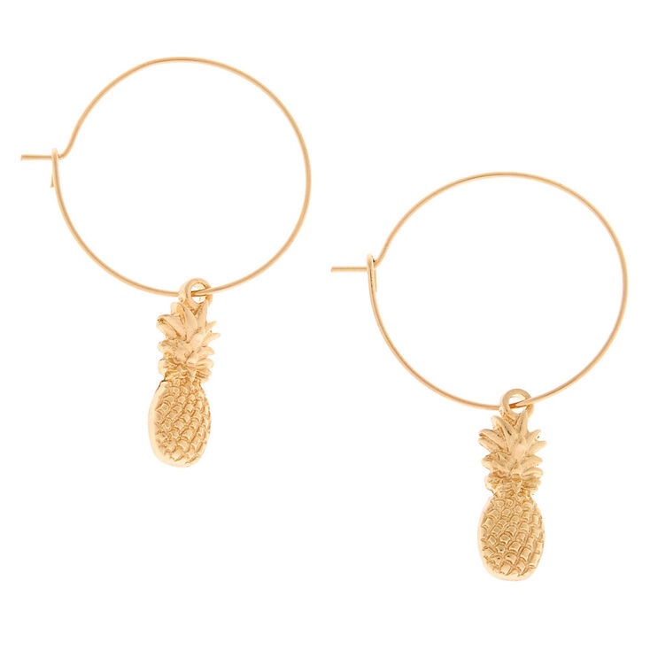 Gold 20MM Pineapple Charm Hoop Earrings,