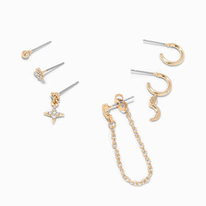 Gold Mixed Crescent Moon Single Hoop &amp; Stud Earrings - 6 Pack,