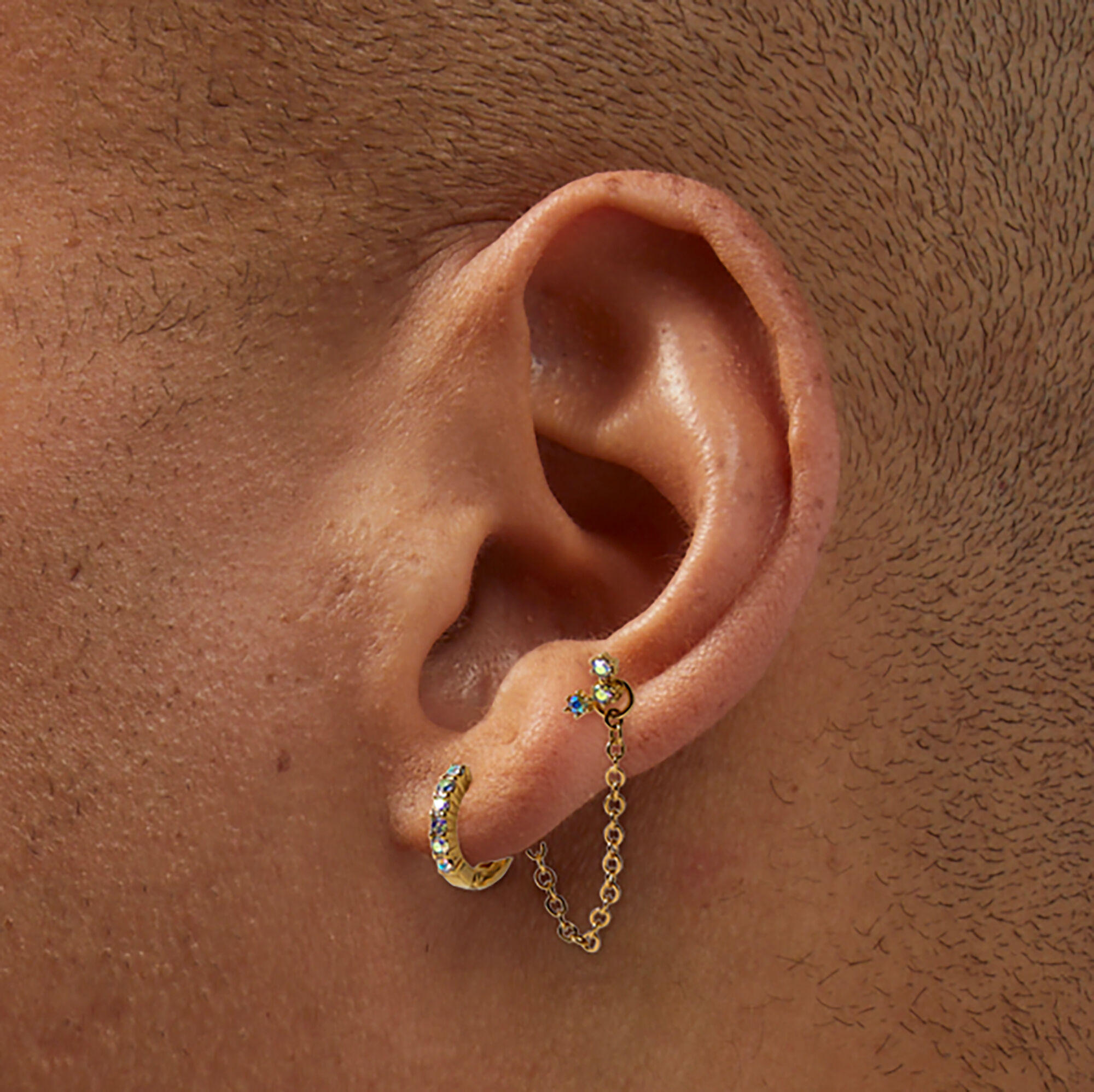 18K Gold Plated Iridescent Hoop Connector Chain Star Stud Earring