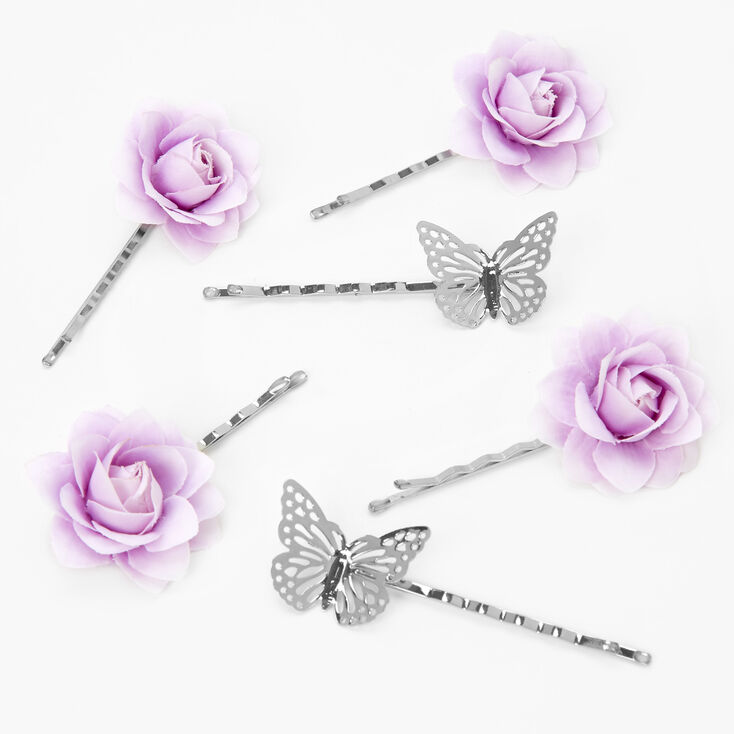 Silver Butterfly Flower Hair Pins - Lilac, 6 Pack,