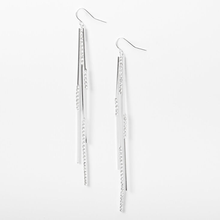 Silver Rhinestone 4&quot; Linear Sticks Drop Earrings,