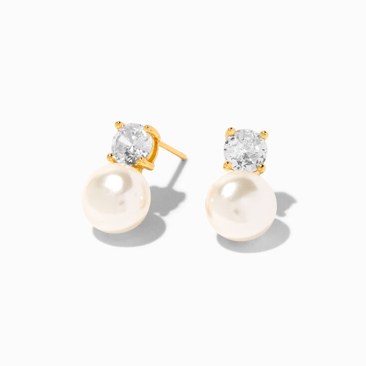 B&#39;Loved by Icing Gold Sterling Silver Cubic Zirconia 5MM Round Stud &amp; Pearl Drop Earrings,