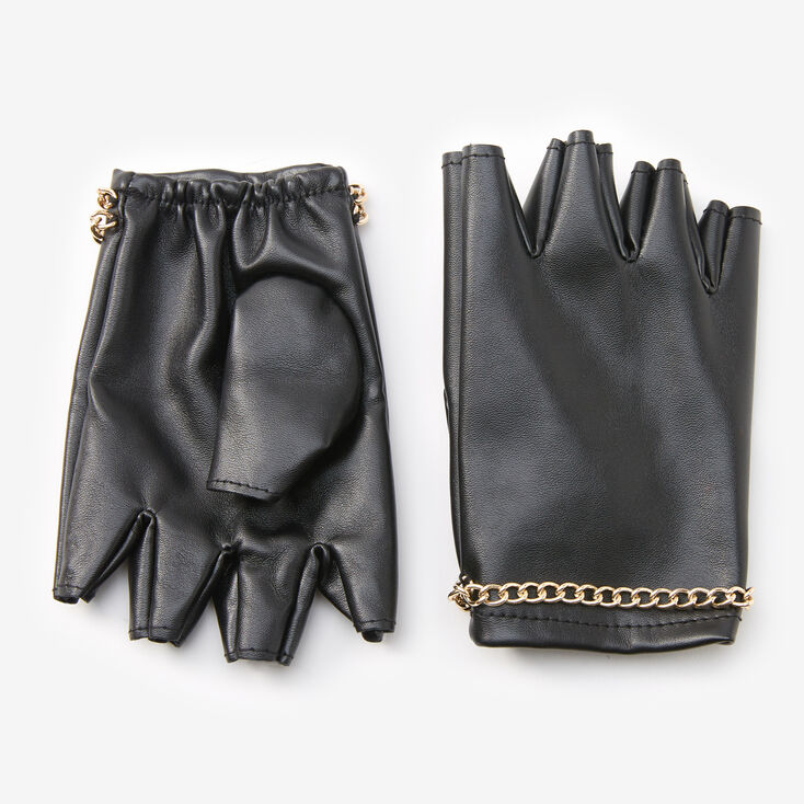Gold Chain Faux Leather Fingerless Gloves - Black,